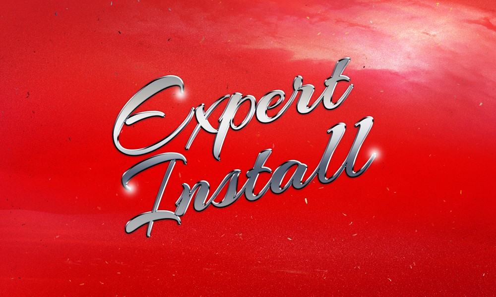Expert Install logo in silver script on red background