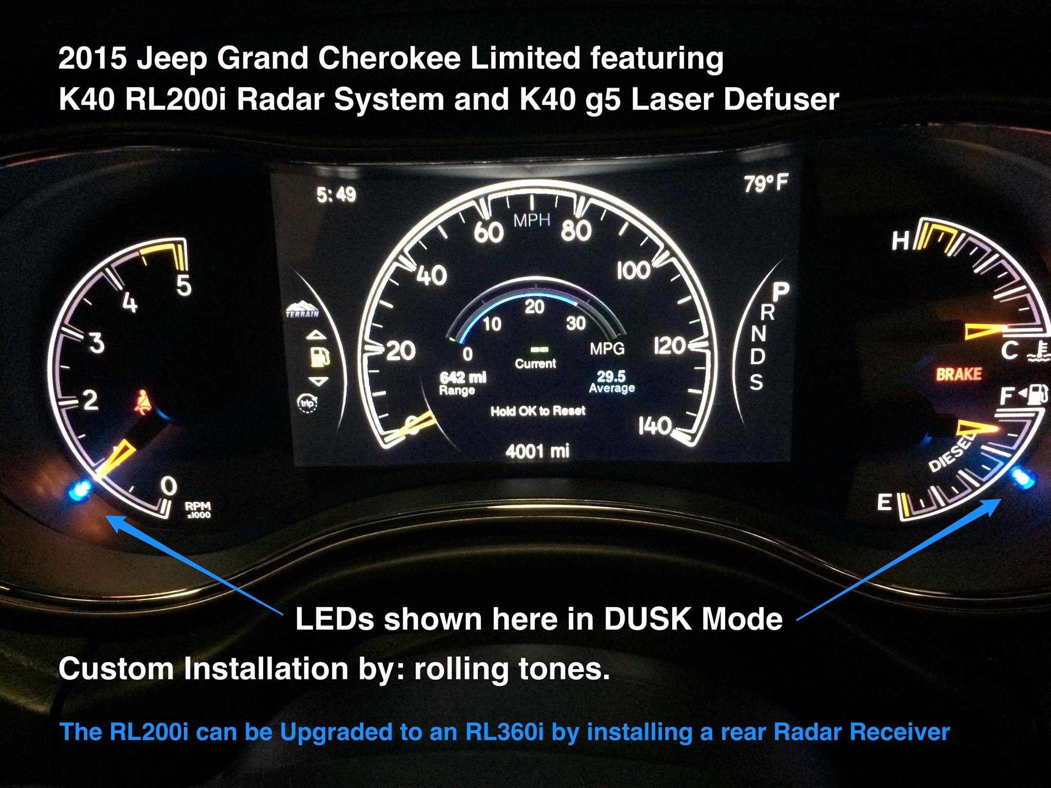 Custom K40 Police Radar Detector Alert LED's Installed on 2015 Jeep Grand Cherokee in Greenland, NH