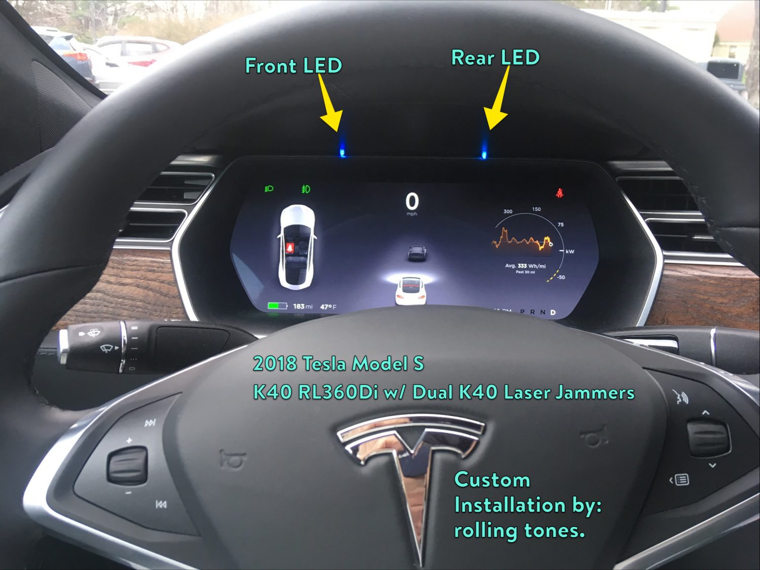 K40 radar detector alert leds on a 2018 Tesla model S