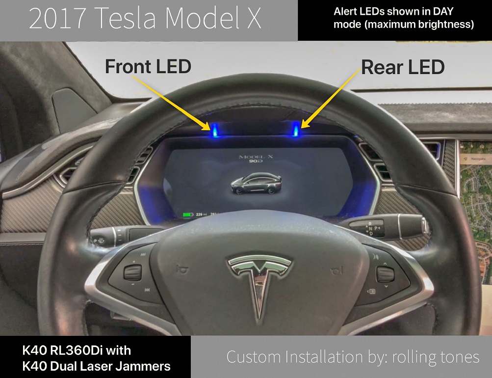 Custom K40 Police Radar Detector Alert LED's Installed on 2017 Tesla Model X in Charlotte, NC