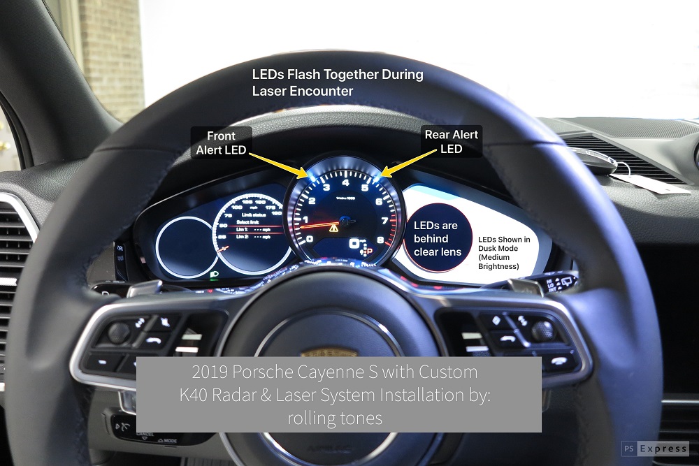 Custom K40 Police Radar Detector Alert LED's flashing Installed on 2019 Porsche Cayenne S in Charlotte, NC