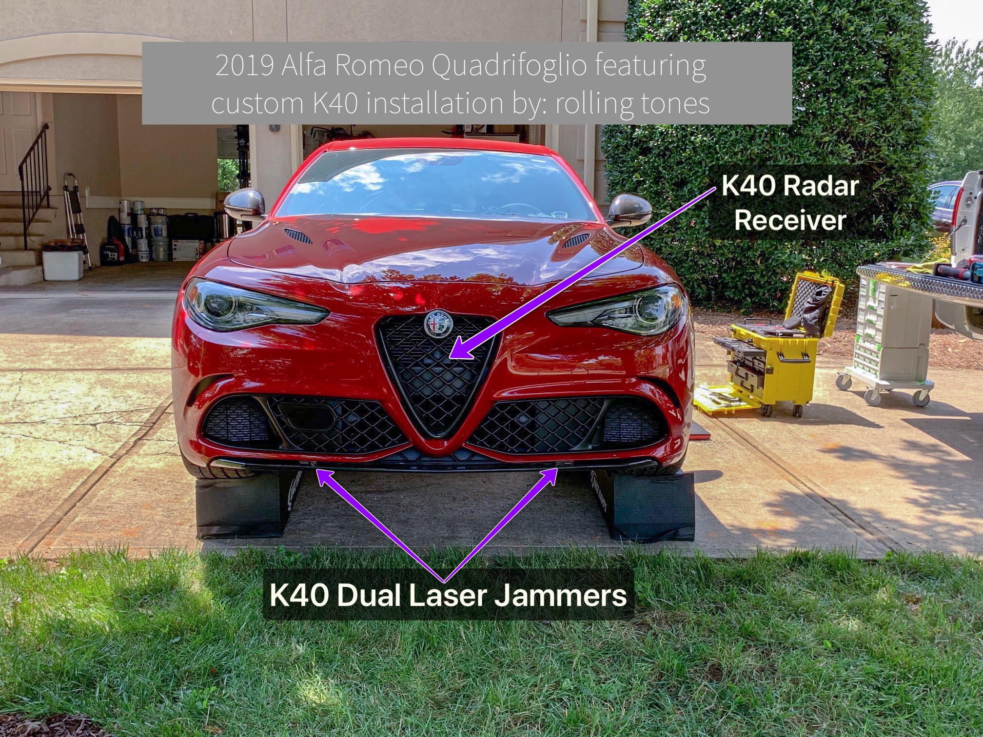 Front K40 radar receiver and police laser jammer placement on a 2019 Alfa Romeo Julia in Charlotte, NC