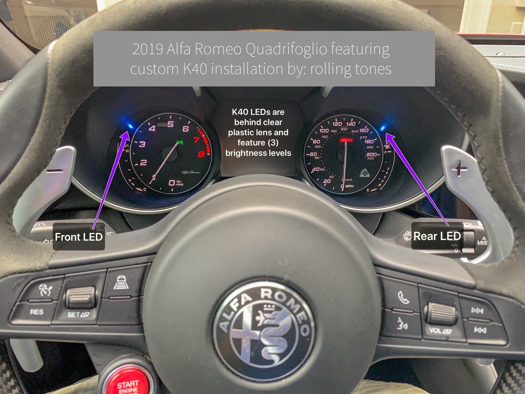 K40 police radar detector and laser jammer system alert led's in a 2019 Alfa Romeo Quadrifoglio in Charlotte, NC