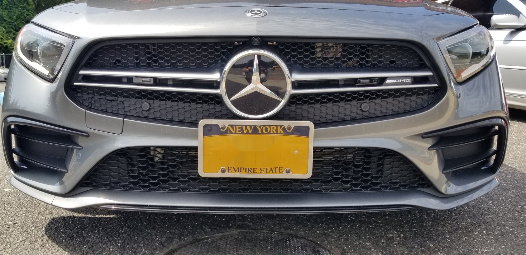 Front K40 police laser jammers on a 2019 Mercedes Benz CLS53 AMG in Sayville, NY a