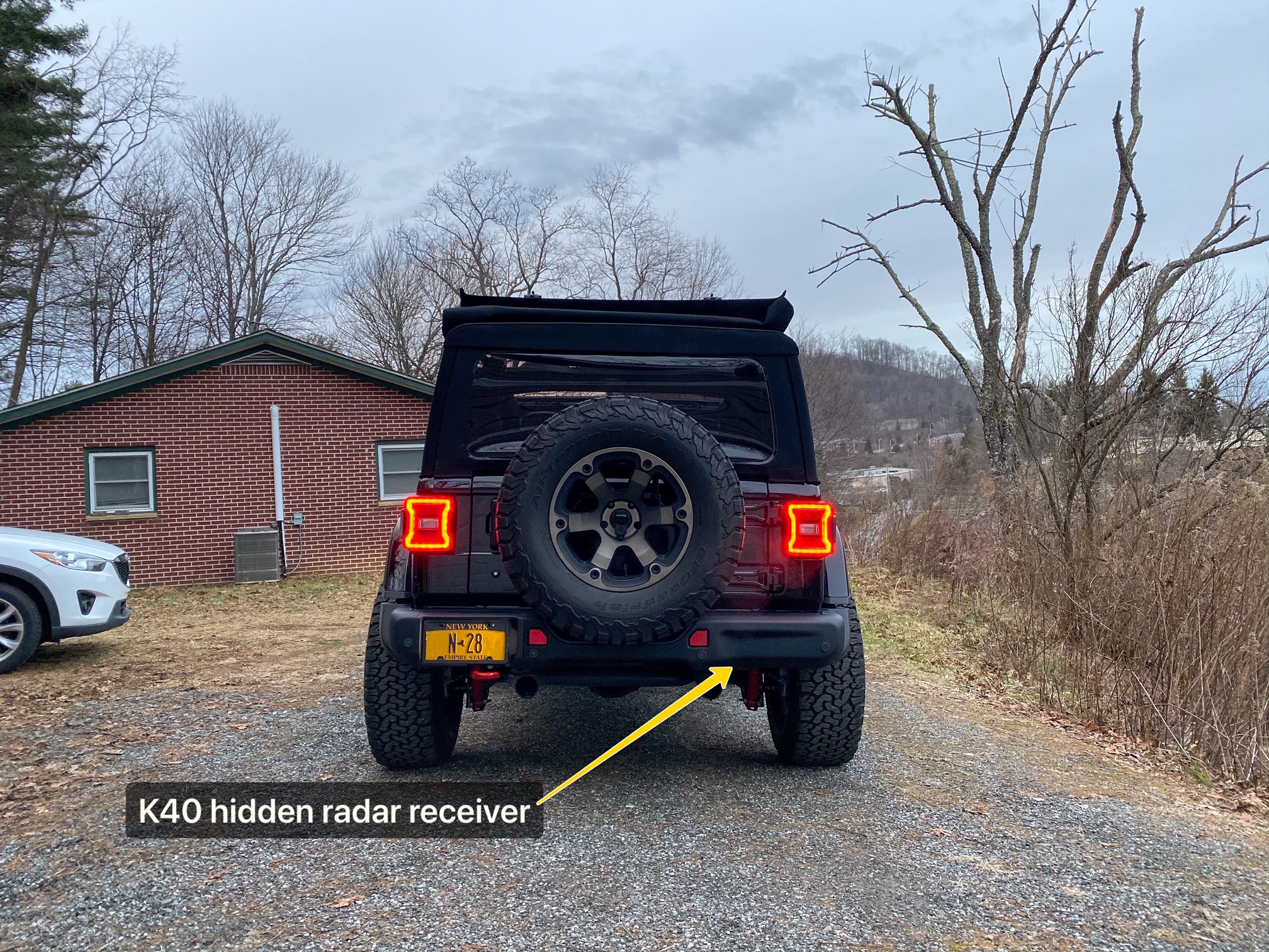 K40 Custom Hidden Radar receiver installed on a 2020 Jeep Wrangler in Charlotte, NC