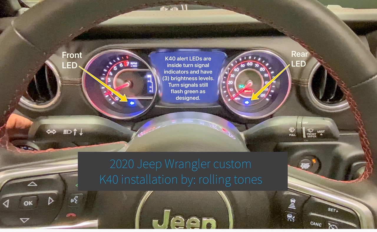K40 Custom Hidden LED alerts illuminated in a 2020 Jeep Wrangler in Charlotte, NC