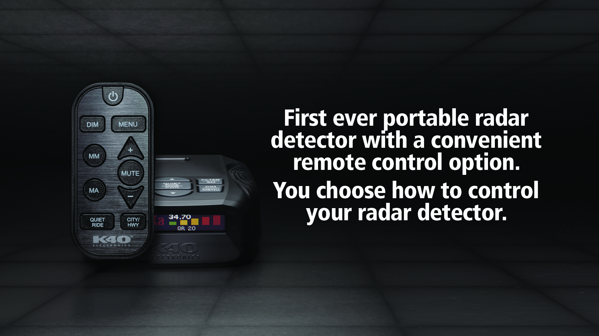 Platinum 100 Remote Control with text that reads: First ever portable radar detector with a convenient remote control option. You choose how to control your radar detector.
