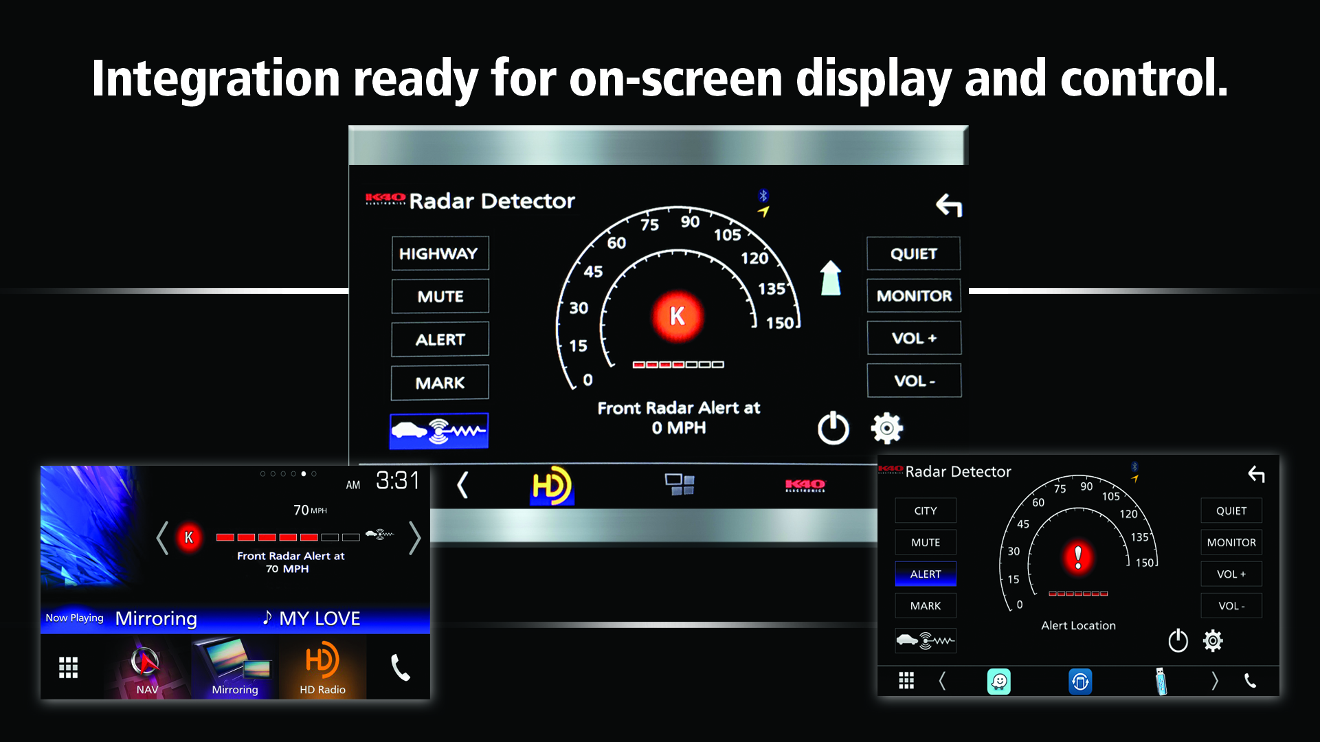 Kenwood, JVC, Pioneer integration with K40 radar display. Text reads, 'Integration ready for on-screen display and control'