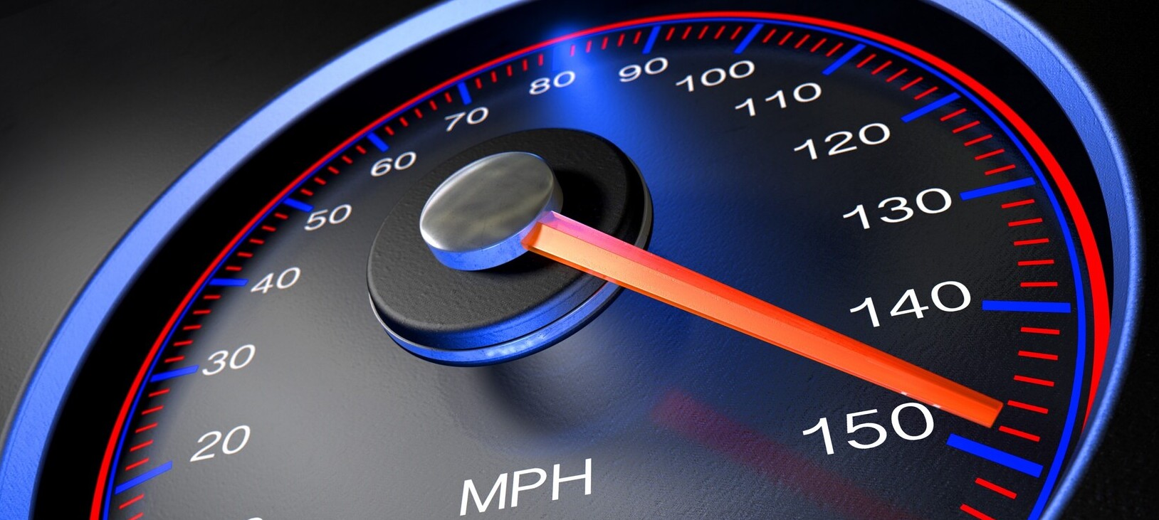 Black, blue, and orange speedometer with needle pinned at 150 mph