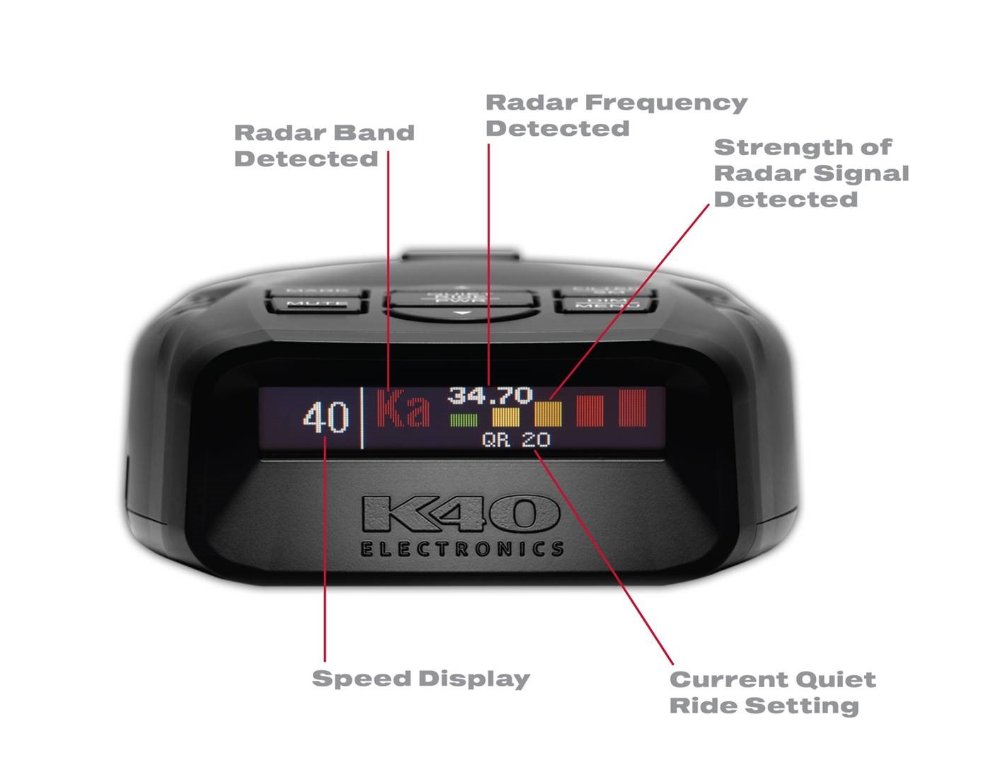 K40 Platinum100 portable radar detector OLED screen display overview