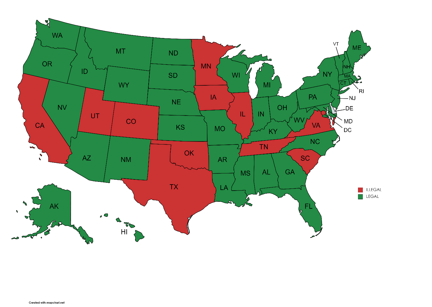 Map with states where Laser Jammers are illegal in red, legal in green
