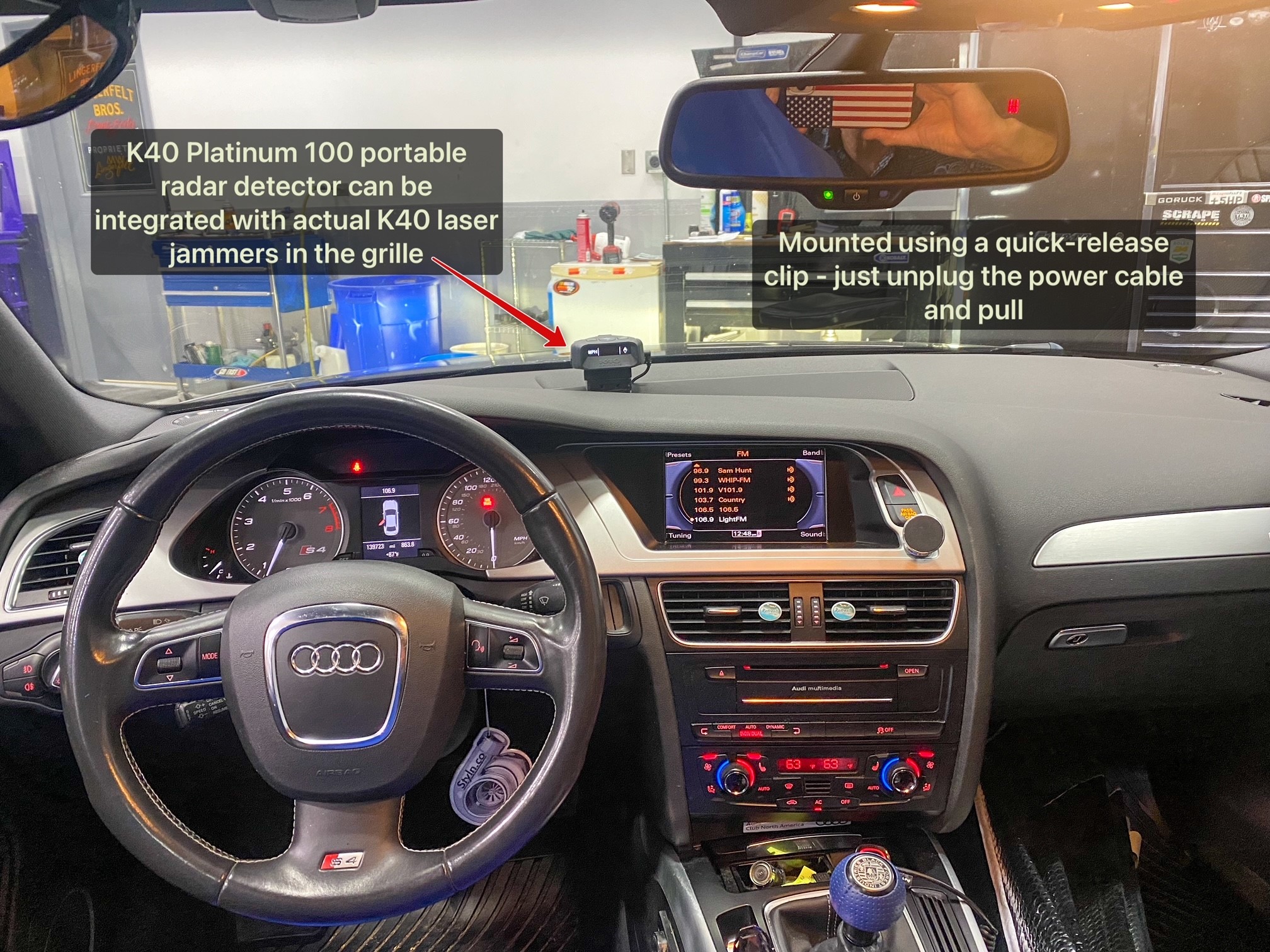 2012 audi s4 dash image with words about a k40 platinum100 radar and laser detector