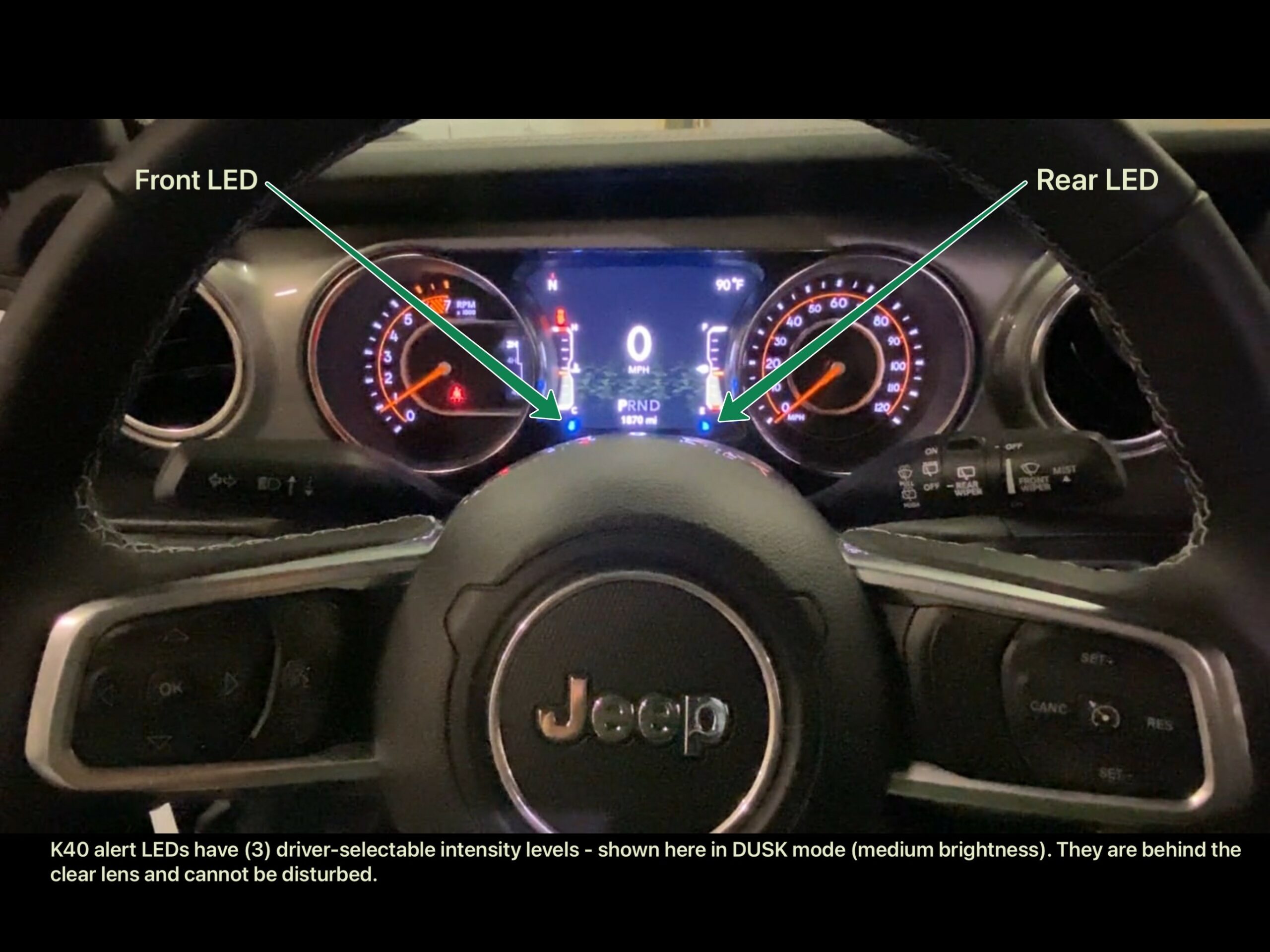 k40 radar detector and laser jammer alert leds on a 2022 jeep wrangler unlimited