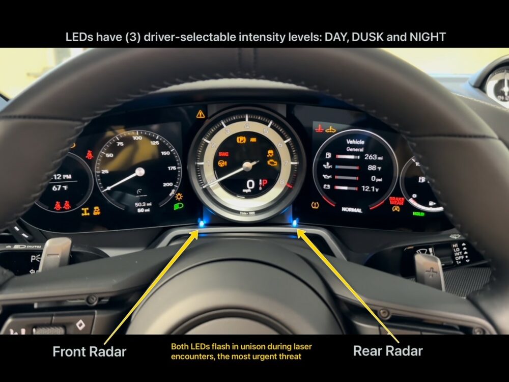 k40 radar detector and laser jammer alert leds on a 2023 porsche 911 cabriolet