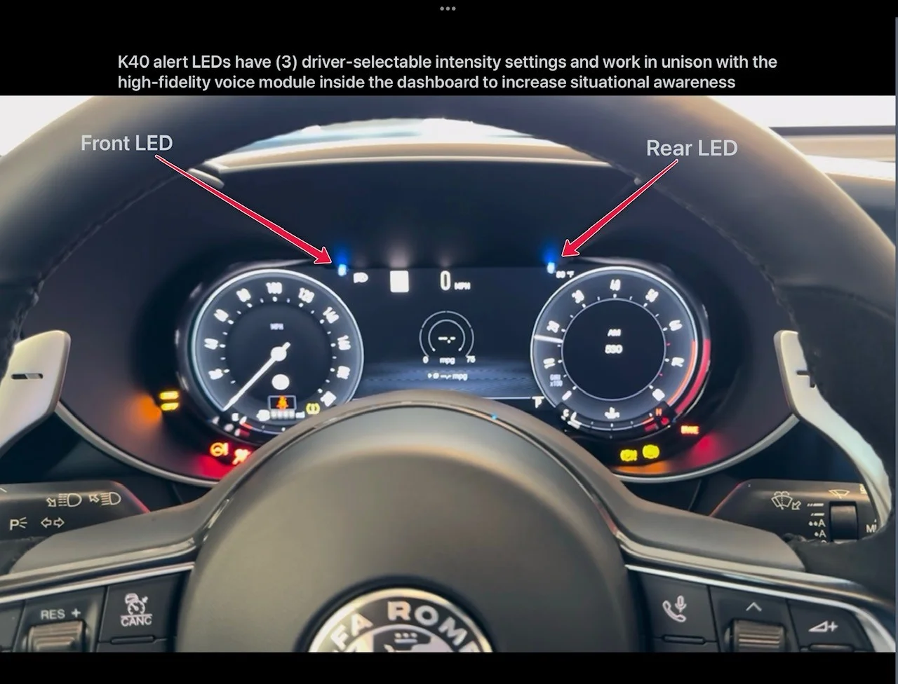 k40 radar detector and laser jammer alert leds on a 2024 Alfa Romeo Giulia